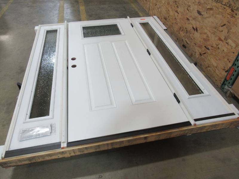 lot 37 image: 36 Therma Tru Doors Exterior Door With Full Side Lights and Center 2 Panel Door Has Top Light.