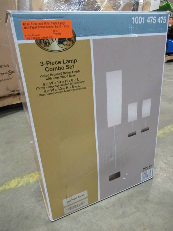 lot 87 image: Hampton Bay 60 in. Floor and 19 in. Table Lamps with Paper Shade Combo Set (3-Pack), 19795-004