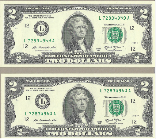 Two Crisp Federal Reserve $2 Bills