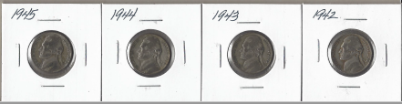 Four Different Silver War Nickels - P Mints - 1942, 1943, 1944, & 1945
