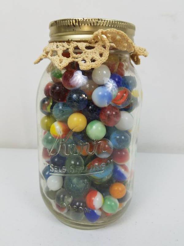lot 13 image: Vintage Quart Mason Jar full of old marbles