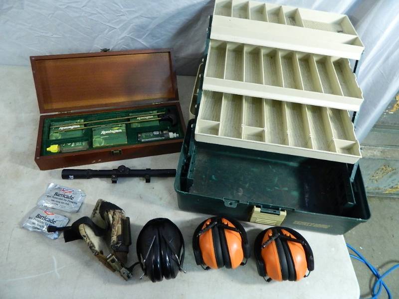 lot 69 image: Gun Cleaning Kit, Ear Protection, Bow Release, and More