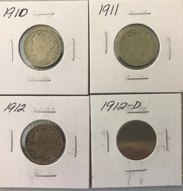lot 4 image: Four Different Liberty Nickels - 1910, 1911, 1912, & 1912-D