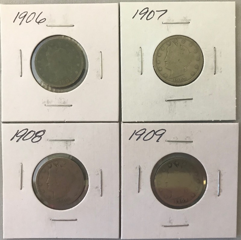 lot 5 image: Four Different Liberty Nickels - 1906, 1907, 1908, & 1909