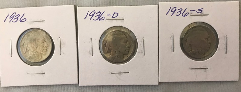 lot 3 image: Three Different Buffalo Nickels - 1936, 1936-D, & 1936-S