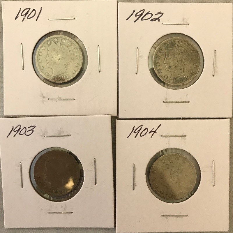 lot 10 image: Four Different Liberty Nickels - 1901, 1902, 1903, & 1904