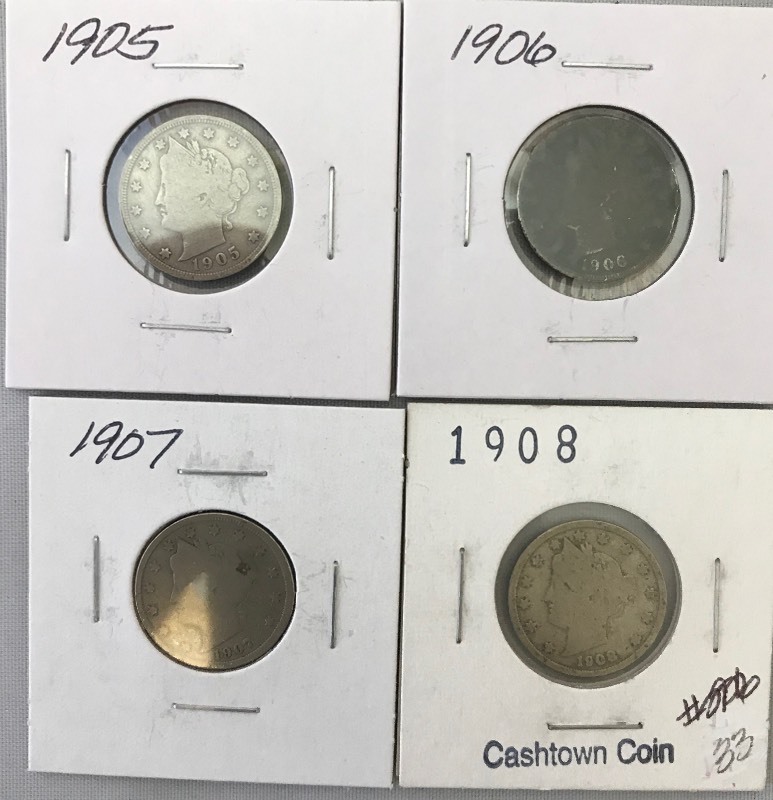 lot 8 image: Four Different Liberty Nickels - 1905, 1906, 1907, & 1908