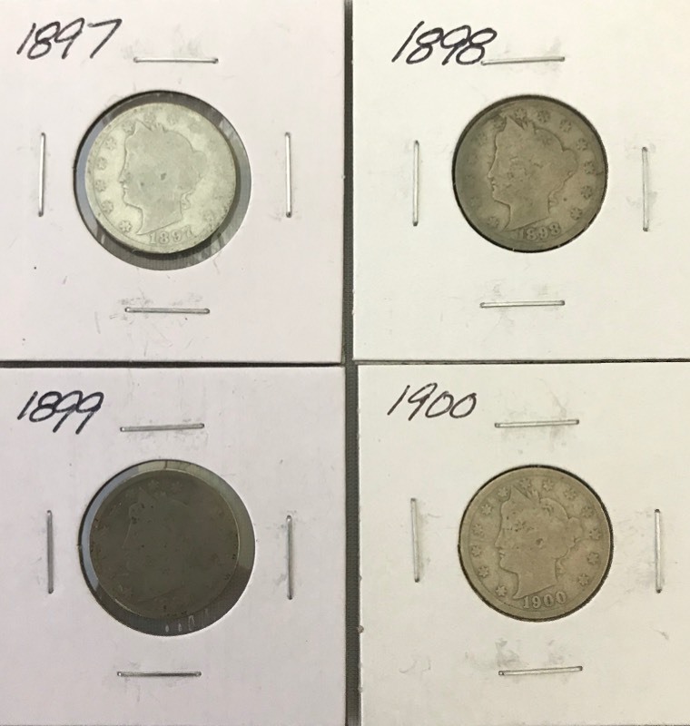 lot 9 image: Four Different Liberty Nickels - 1897, 1898, 1899, & 1900