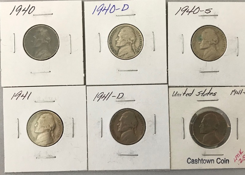 lot 11 image: Six Different Jefferson Nickels - 1940 P,D,&S 1941 P,D,&S