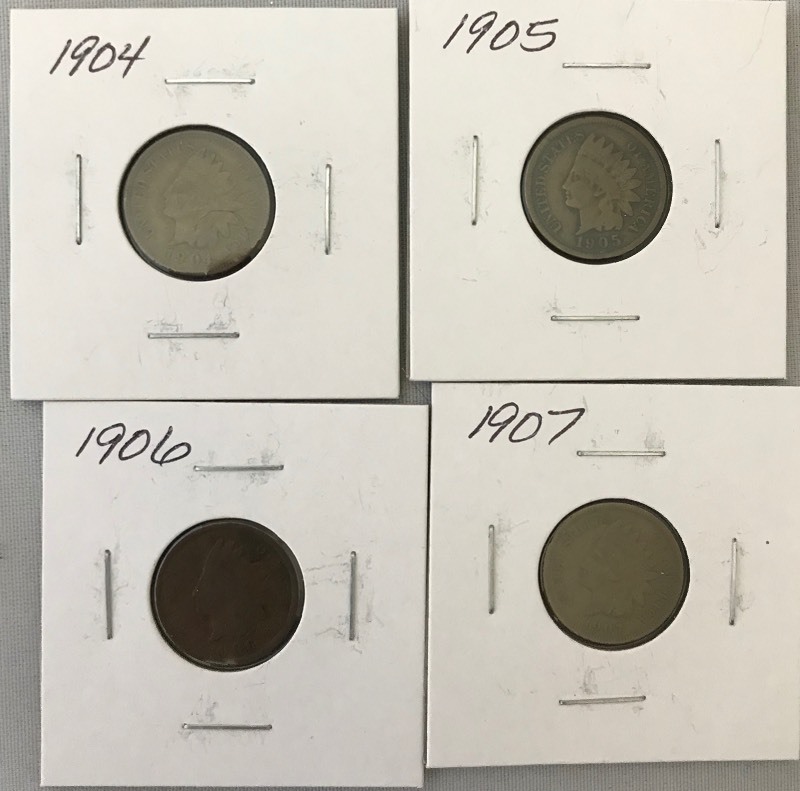 lot 14 image: Four Different Indian Head Cents - 1904, 1905, 1906, & 1907