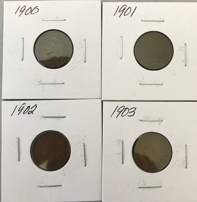 lot 13 image: Four Different Indian Head Cents - 1900, 1901, 1902, & 1903