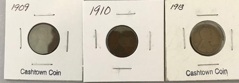 lot 24 image: Three Different Lincoln Wheat Cents - 1909, 1910, & 1913