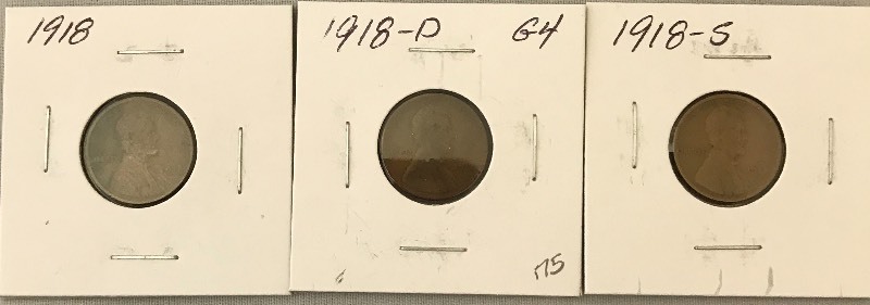 lot 25 image: Three Different Lincoln Wheat Cents - 1918, 1918-D, & 1918-S