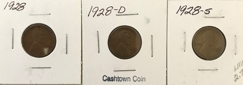 lot 29 image: Three Different Lincoln Wheat Cents - 1928, 1928-D, & 1928-S