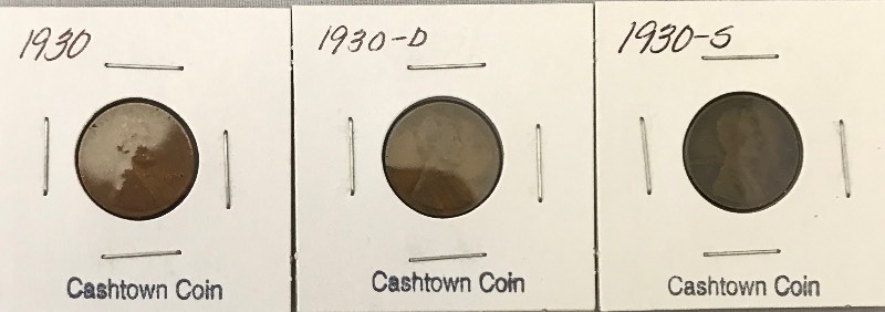 lot 67 image: Three Different Lincoln Wheat Cents - 1930, 1930-D, & 1930-S