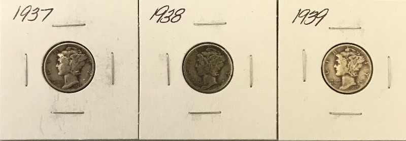 lot 68 image: Three Mercury Dimes - 1937, 1938, & 1939