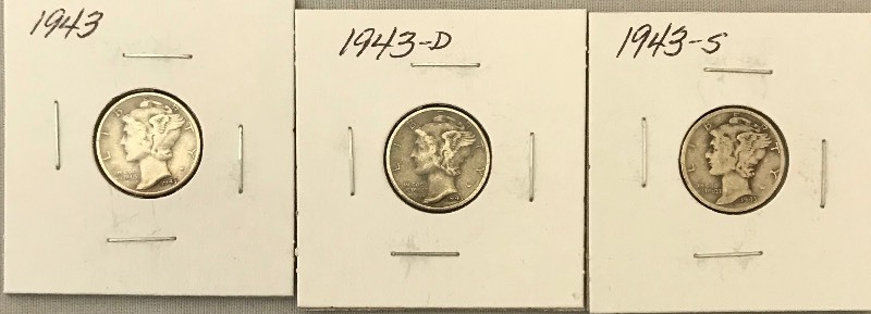 lot 69 image: Three Mercury Dimes - 1943, 1943-D, & 1943-S