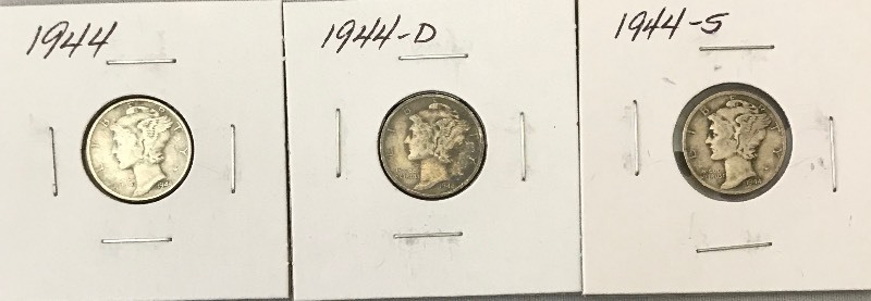 lot 71 image: Three Mercury Dimes - 1944, 1944-D, & 1944-S