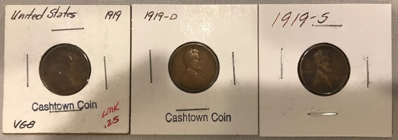 lot 26 image: Three Different Lincoln Wheat Cents - 1919, 1919-D, & 1919-S