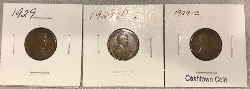 lot 30 image: Three Different Lincoln Wheat Cents - 1929, 1929-D, & 1929-S