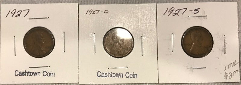 lot 28 image: Three Different Lincoln Wheat Cents - 1927, 1927-D, & 1927-S