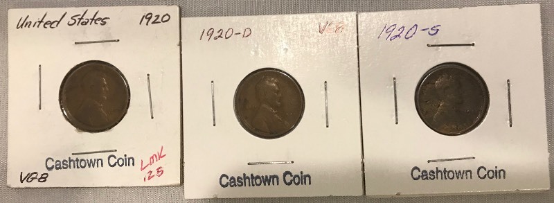 lot 27 image: Three Different Lincoln Wheat Cents - 1920, 1920-D, & 1920-S