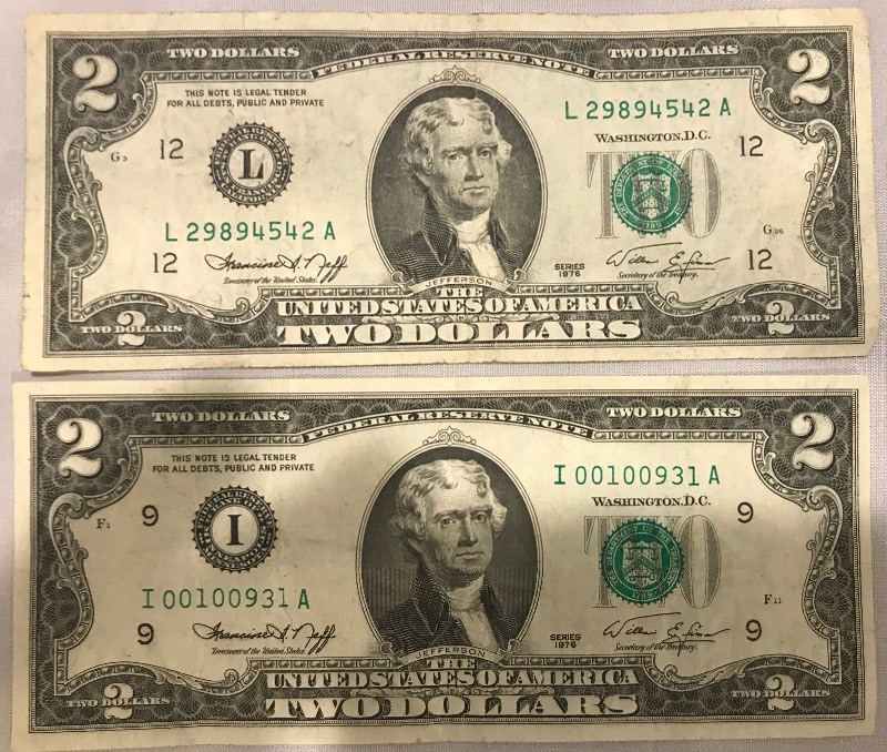 lot 75 image: Two Different 1976 $2 Federal Reserve Notes