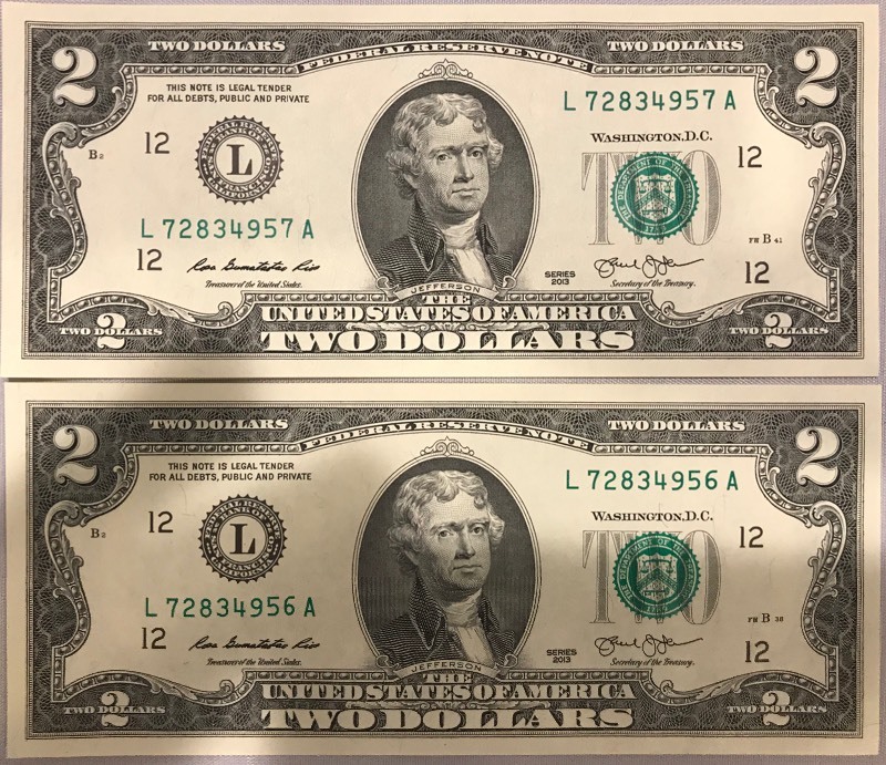 lot 74 image: Two Different 2013 $ Federal Reserve Notes - Crisp