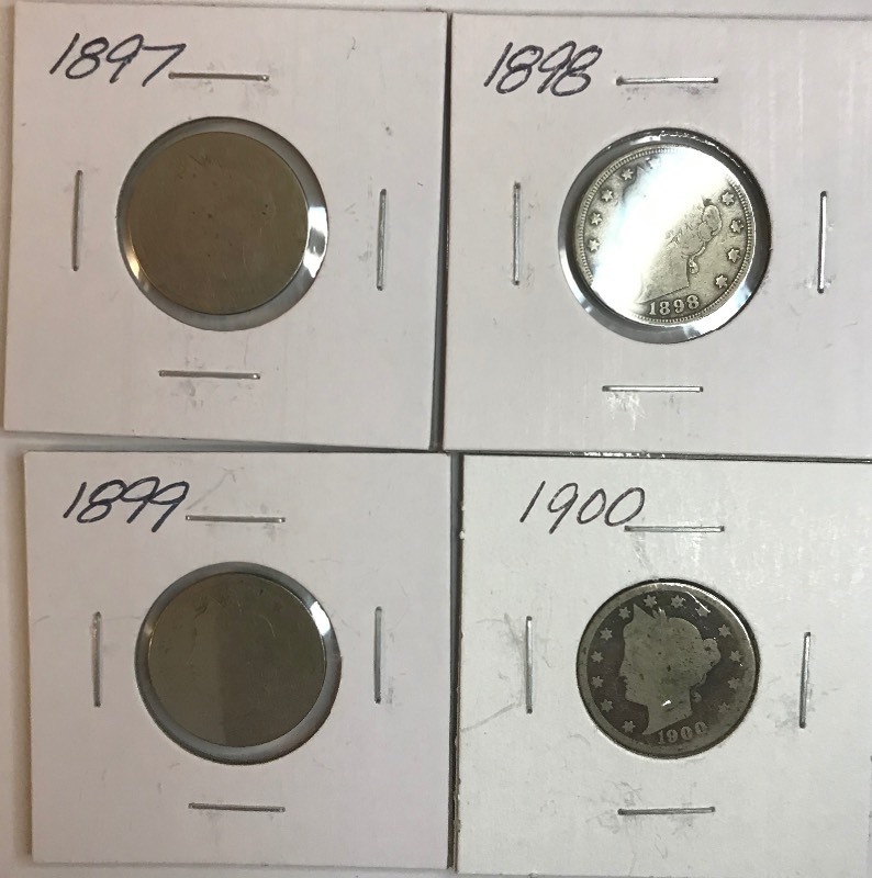lot 9 image: Four Different Liberty Nickels - 1897, 1898, 1899, & 1900