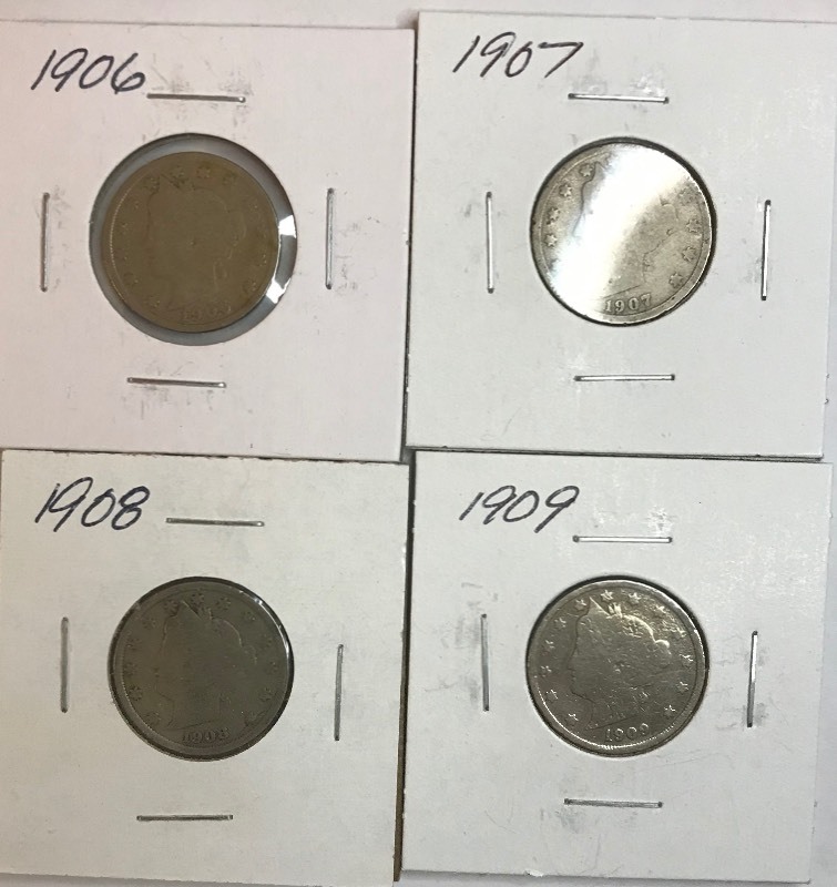 lot 7 image: Four Different Liberty Nickels - 1906, 1907, 1908, & 1909
