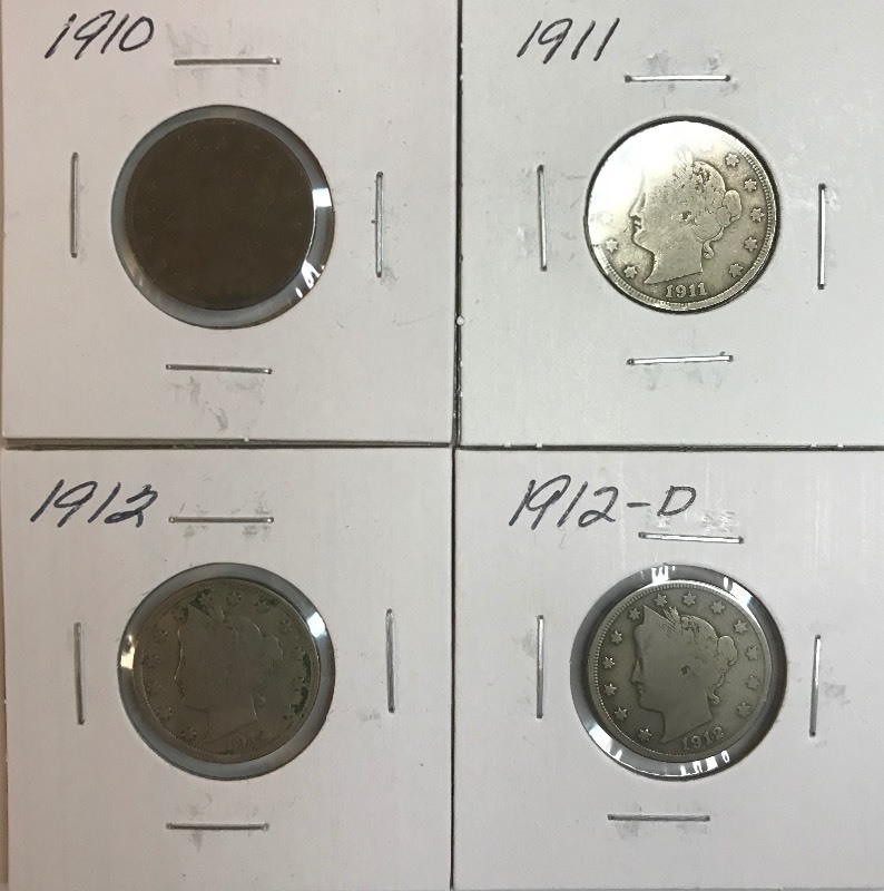 lot 6 image: Four Different Liberty Nickels - 1910, 1911, 1912, & 1912-D