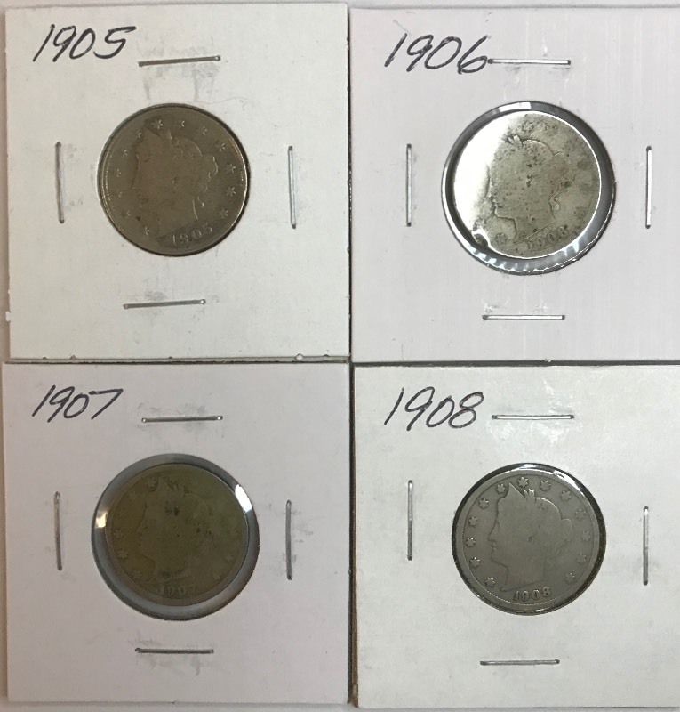 lot 8 image: Four Different Liberty Nickels - 1905, 1906, 1907, & 1908