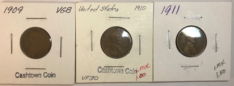 lot 19 image: Three Lincoln Wheat Cents - 1909, 1910, & 1911