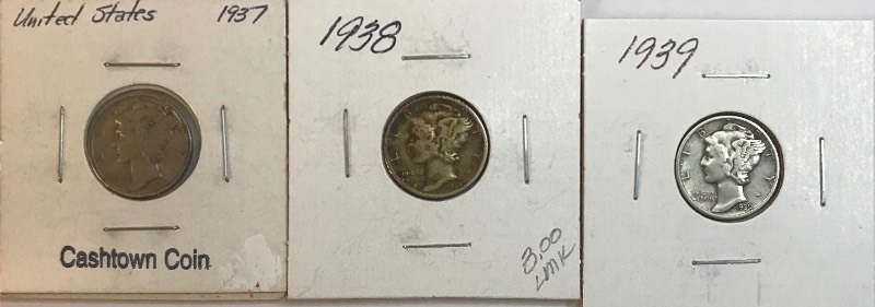 lot 10 image: Three Silver Dimes - 1937,1938, & 1939