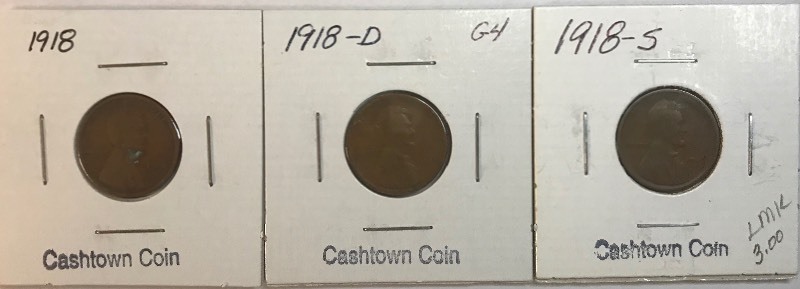 lot 11 image: Three Lincoln Wheat Cents - 1918, 1918-D, & 1918-S