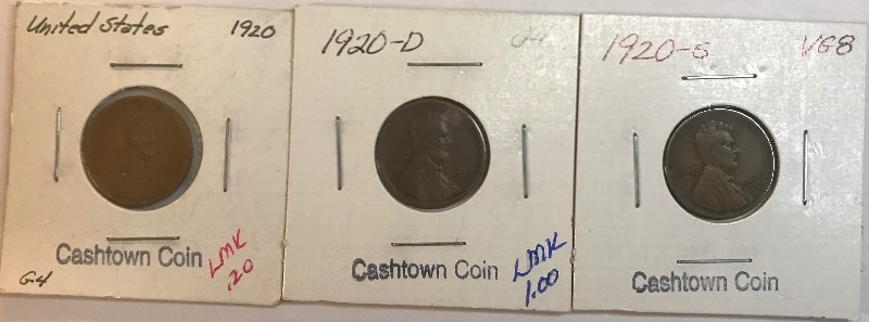lot 16 image: Three Lincoln Wheat Cents - 1920, 1920-D, & 1920-S