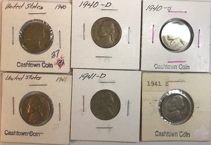 lot 14 image: Six Different Jefferson Nickels - 1940 P,D,&S 1941 P,D,&S
