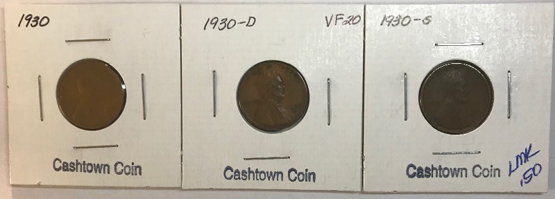 lot 18 image: Three Lincoln Wheat Cents - 1930, 1930-D, & 1930-S