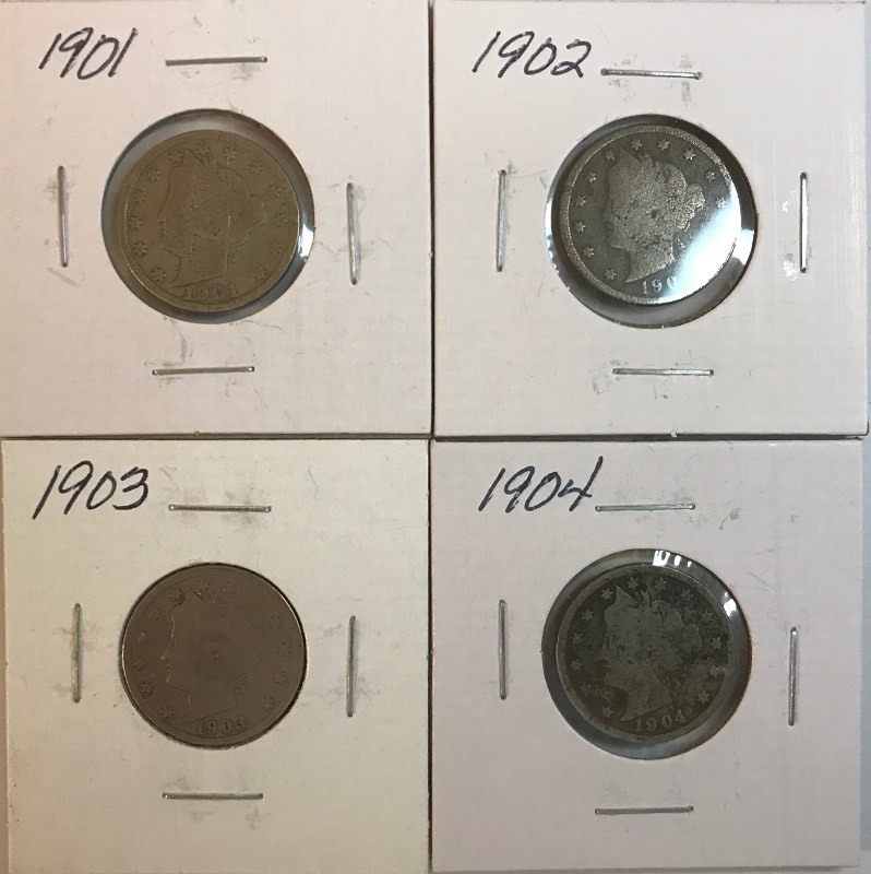 lot 13 image: Four Different Liberty Nickels - 1901, 1902, 1903, & 1904