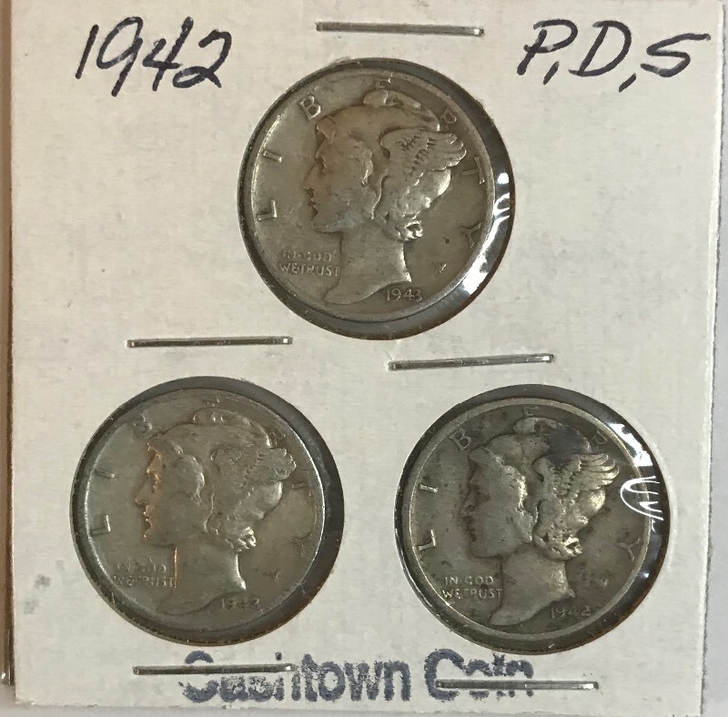 lot 20 image: Three Mercury Dimes - 1942, 1942-D, & 1942-S