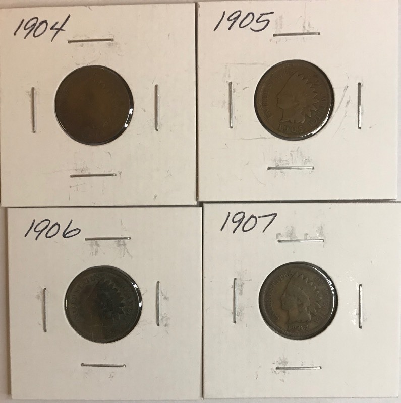 lot 45 image: Four Different Indian Head Cents - 1904, 1905, 1906, & 1907