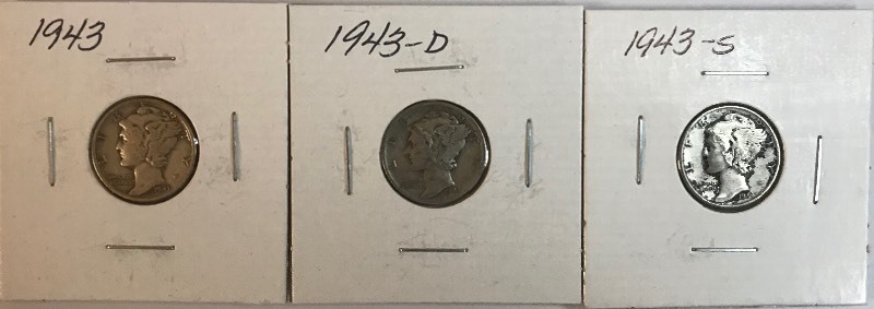lot 25 image: Three Mercury Dimes - 1943, 1943-D, & 1943-S