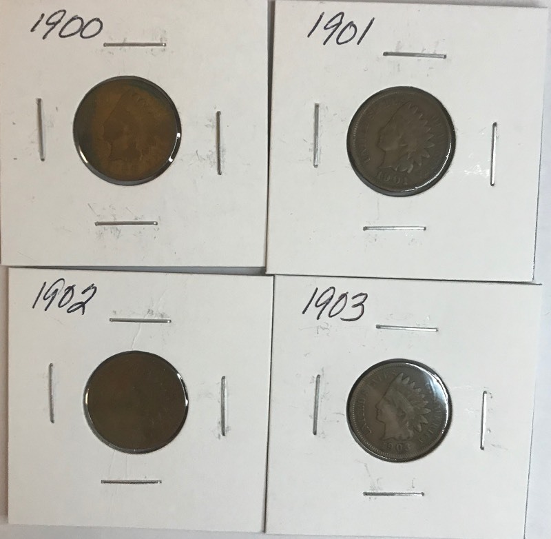 lot 44 image: Four Different Indian Head Cents - 1901, 1902, 1903, & 1904