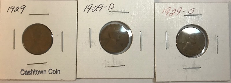 lot 17 image: Three Lincoln Wheat Cents - 1929, 1929-D, & 1929-S