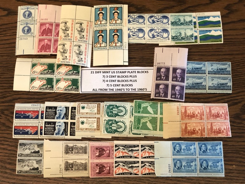 (21) Different Mint US Stamp Plate Blocks