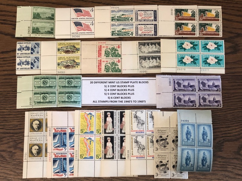 (20) Different Mint US Stamp Plate Blocks