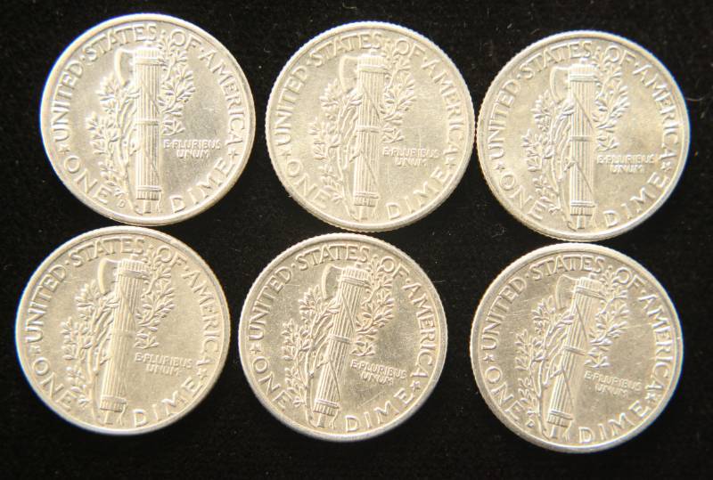 GROUP OF 6 AU-UNC MERCURY DIMES
