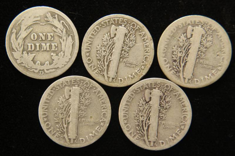 5 SILVER DIMES 1914-D BARBER  & 4 MERCURY DIMES 1918 1919-D 1927 1929