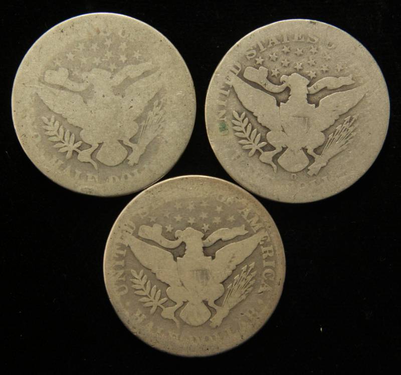 3 BARBER HALF DOLLARS 1895 1896-O 1899