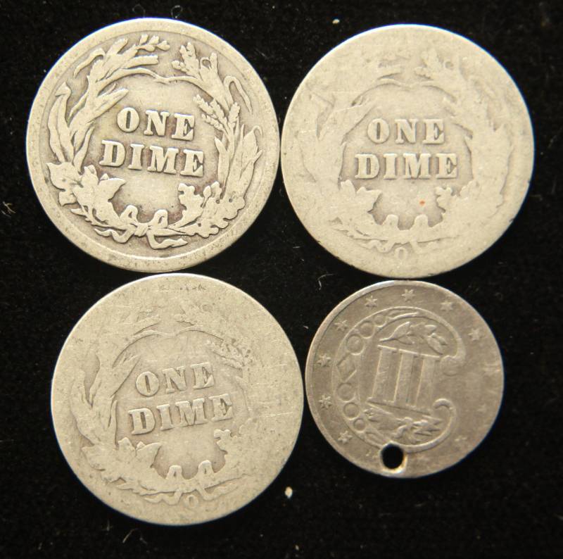 4 COINS 1860 3C SILVER FINE DETAILS HOLED & 3 BARBER DIMES